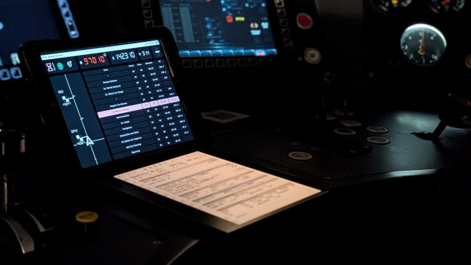 La Suite Conduite ouverte sur une tablette dans une cabine de train